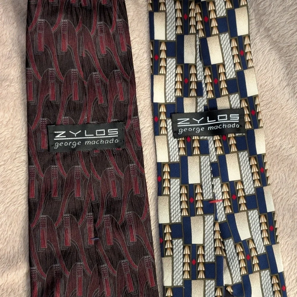 Zylos George Machado Silk Tie Set Geometric Abstract Blue Burgundy Red OS